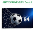 Matte canvas soccer wall art featuring a dynamic goal net and soccer ball against a dark blue background