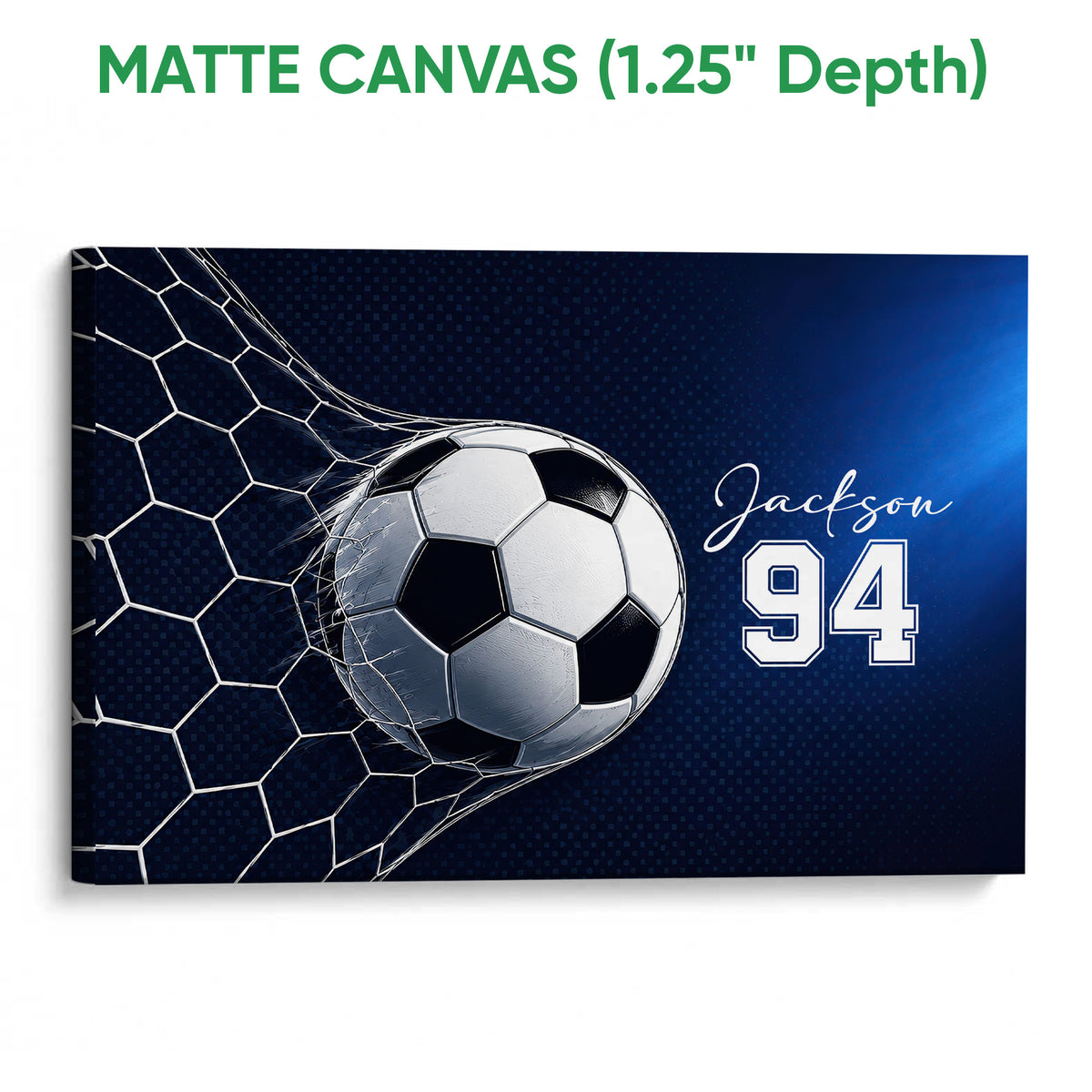 Matte canvas soccer wall art featuring a dynamic goal net and soccer ball against a dark blue background