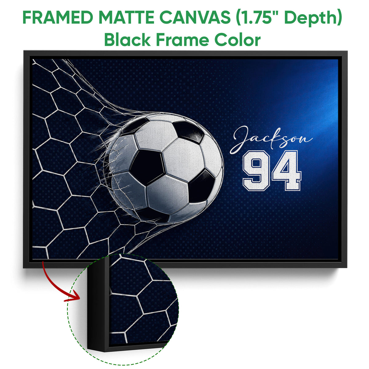 Black framed soccer canvas wall art with a ball and goal net design in navy blue and white