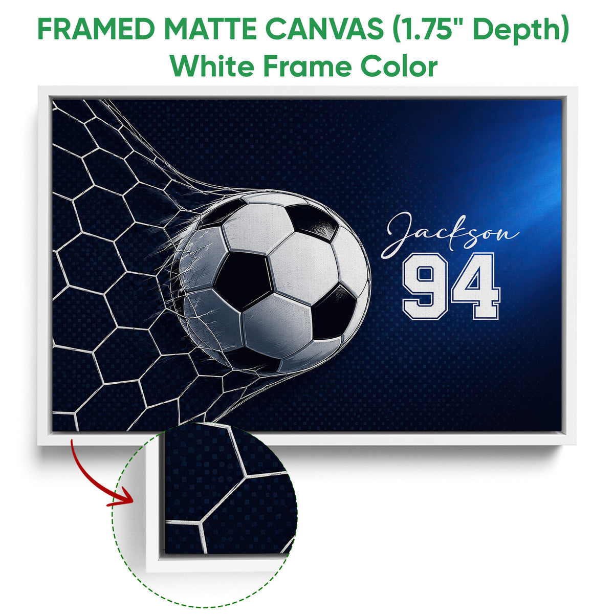 White framed soccer canvas wall art featuring a dramatic ball and net design in blue, black, and white