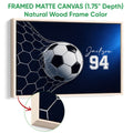 Natural wood framed soccer wall art with a ball breaking through the goal net