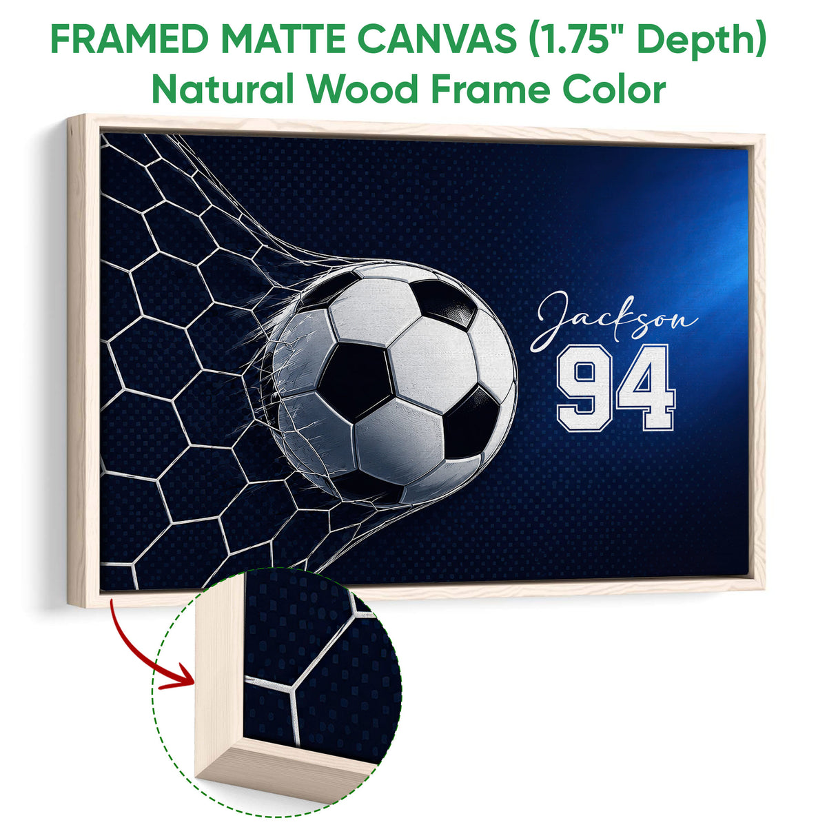 Natural wood framed soccer wall art with a ball breaking through the goal net