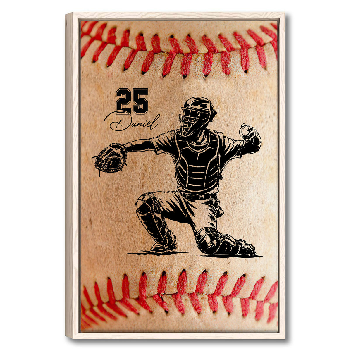 Framed baseball wall art featuring a catcher illustration on a vintage sepia baseball background