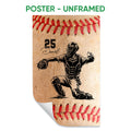 Unframed baseball poster featuring a catcher illustration and red baseball stitching
