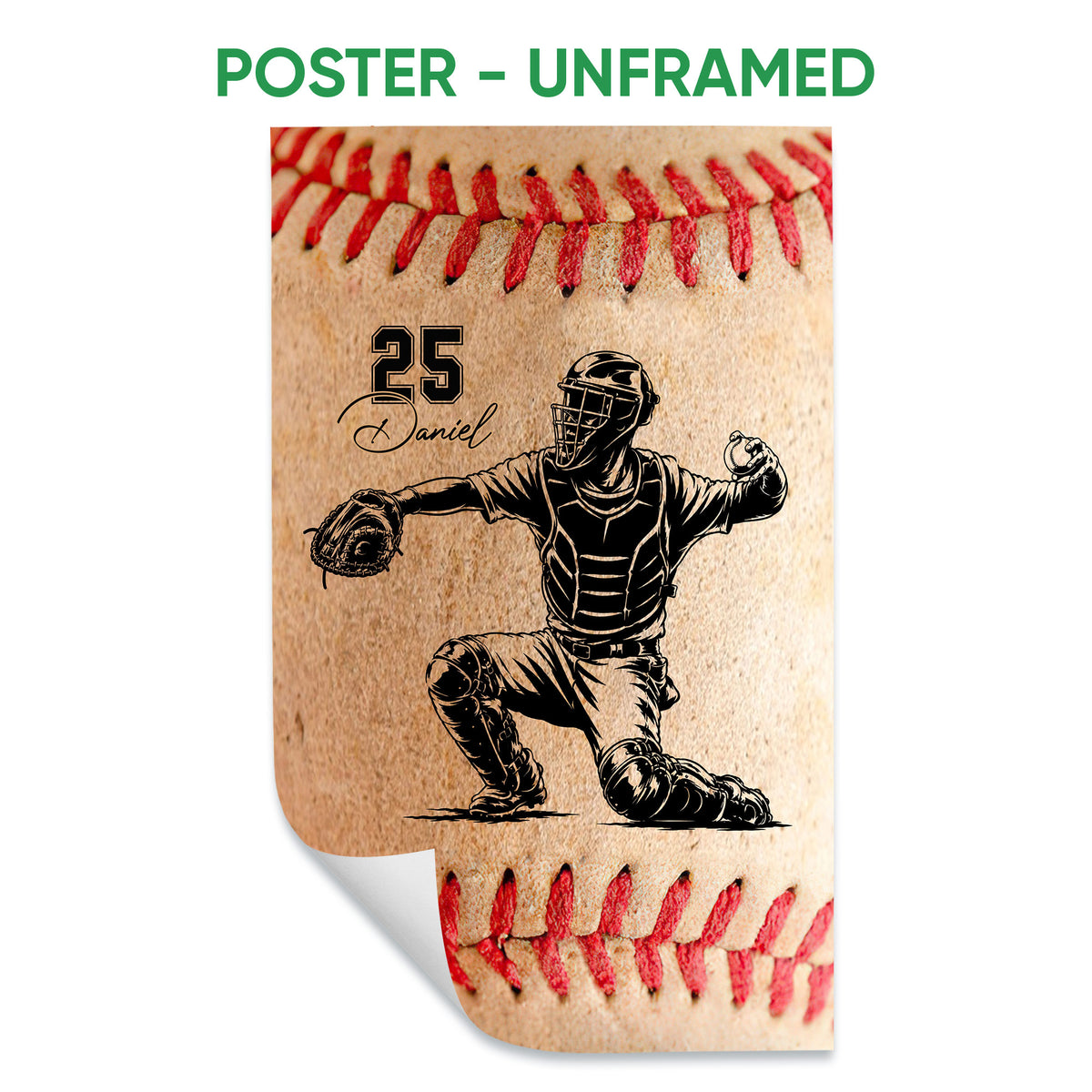 Unframed baseball poster featuring a catcher illustration and red baseball stitching