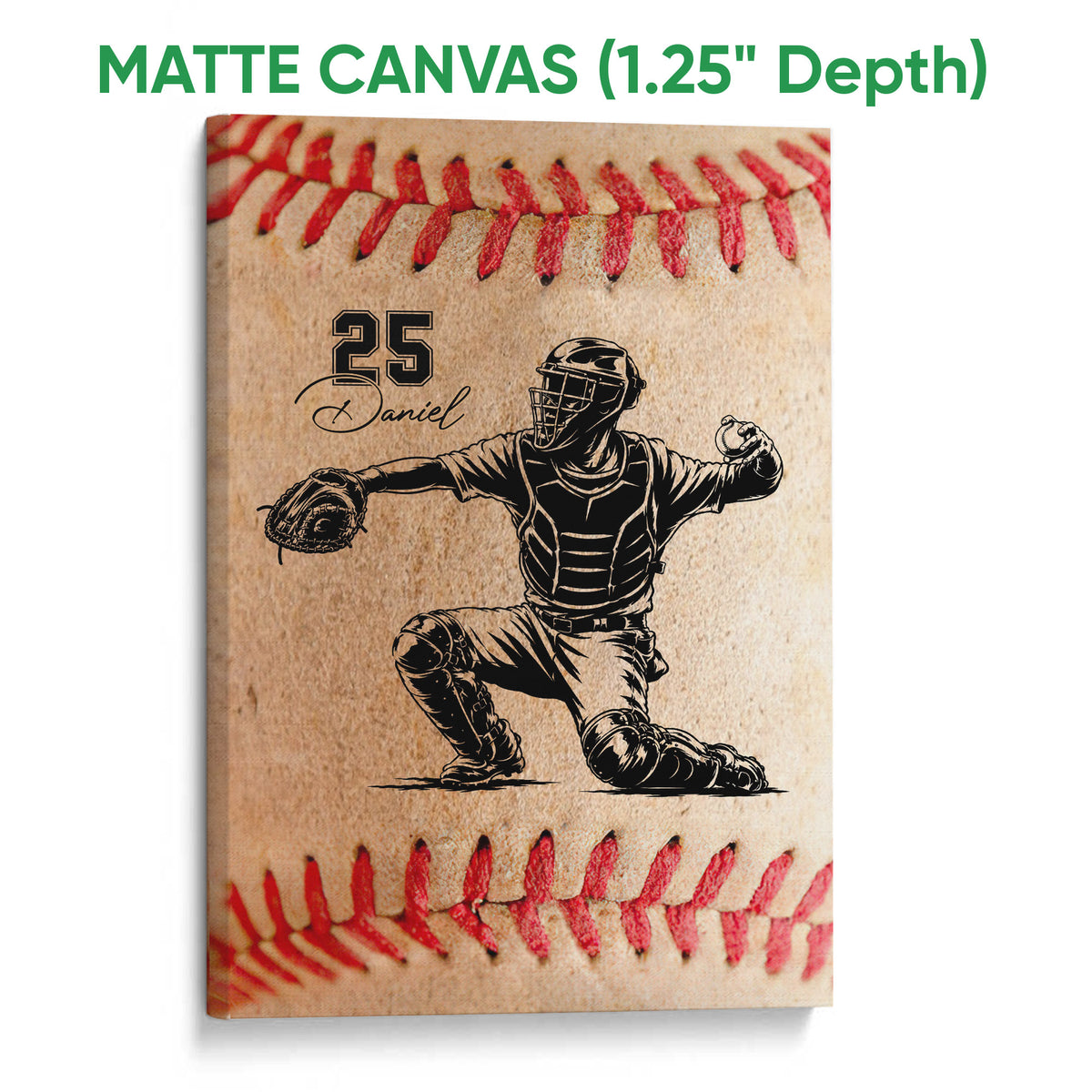 Matte canvas baseball wall art featuring a catcher illustration on a textured baseball background