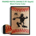 Black framed canvas baseball wall art with a catcher illustration and close-up canvas detail