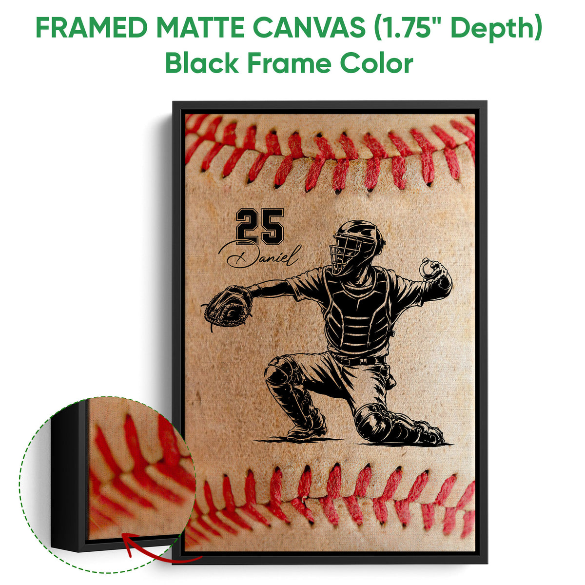 Black framed canvas baseball wall art with a catcher illustration and close-up canvas detail