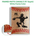 White framed canvas baseball wall art with a catcher illustration and close-up canvas detail