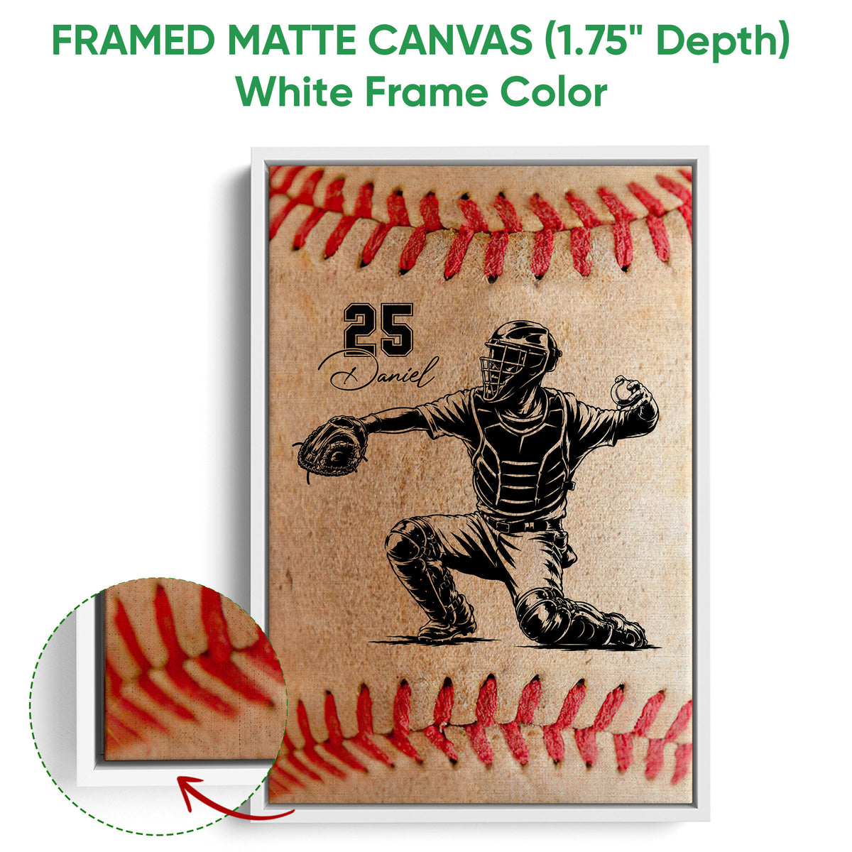White framed canvas baseball wall art with a catcher illustration and close-up canvas detail
