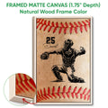 Natural wood framed baseball wall art featuring a catcher illustration and textured canvas detail