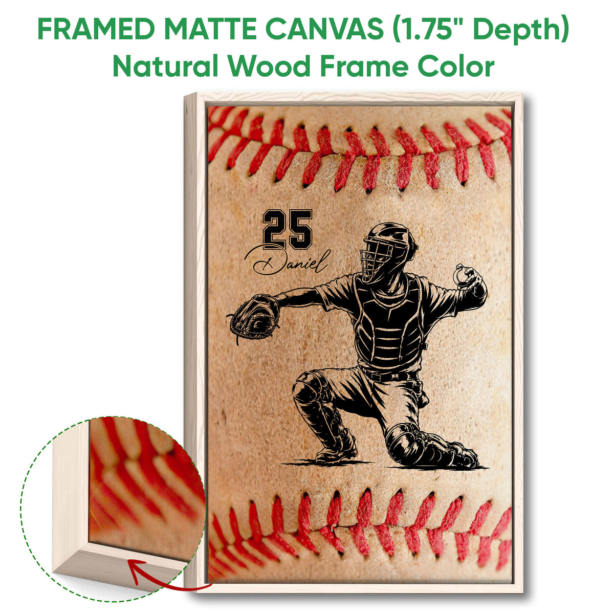 Natural wood framed baseball wall art featuring a catcher illustration and textured canvas detail