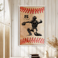 Baseball catcher wall art displayed in a bright farmhouse-style room with white paneled walls