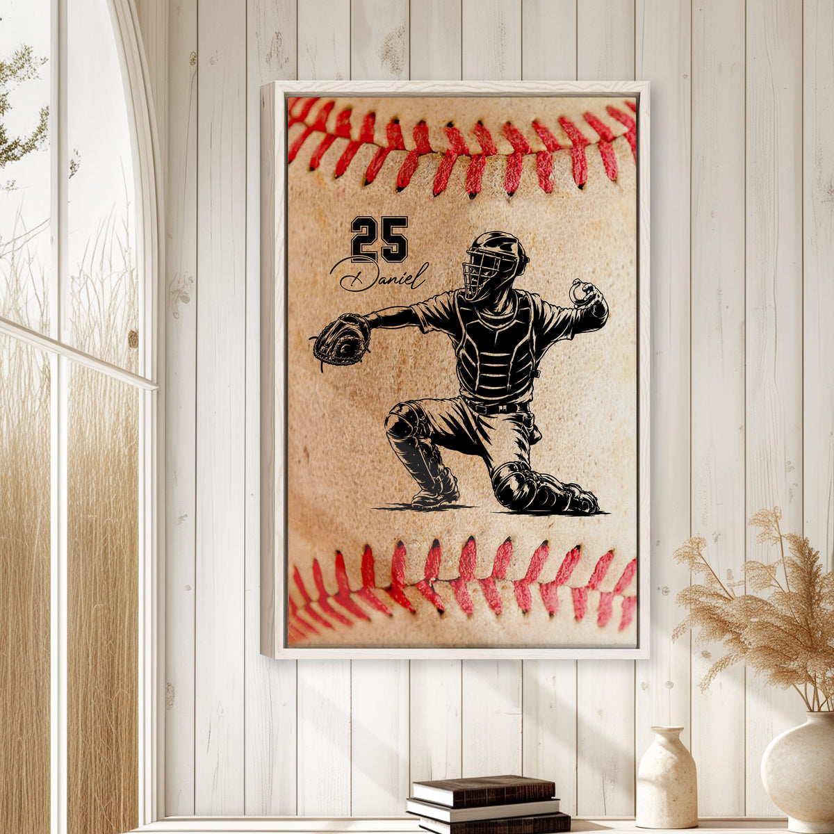 Baseball catcher wall art displayed in a bright farmhouse-style room with white paneled walls