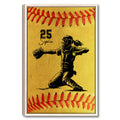 Softball catcher wall art in a black and gold illustration surrounded by red softball stitching