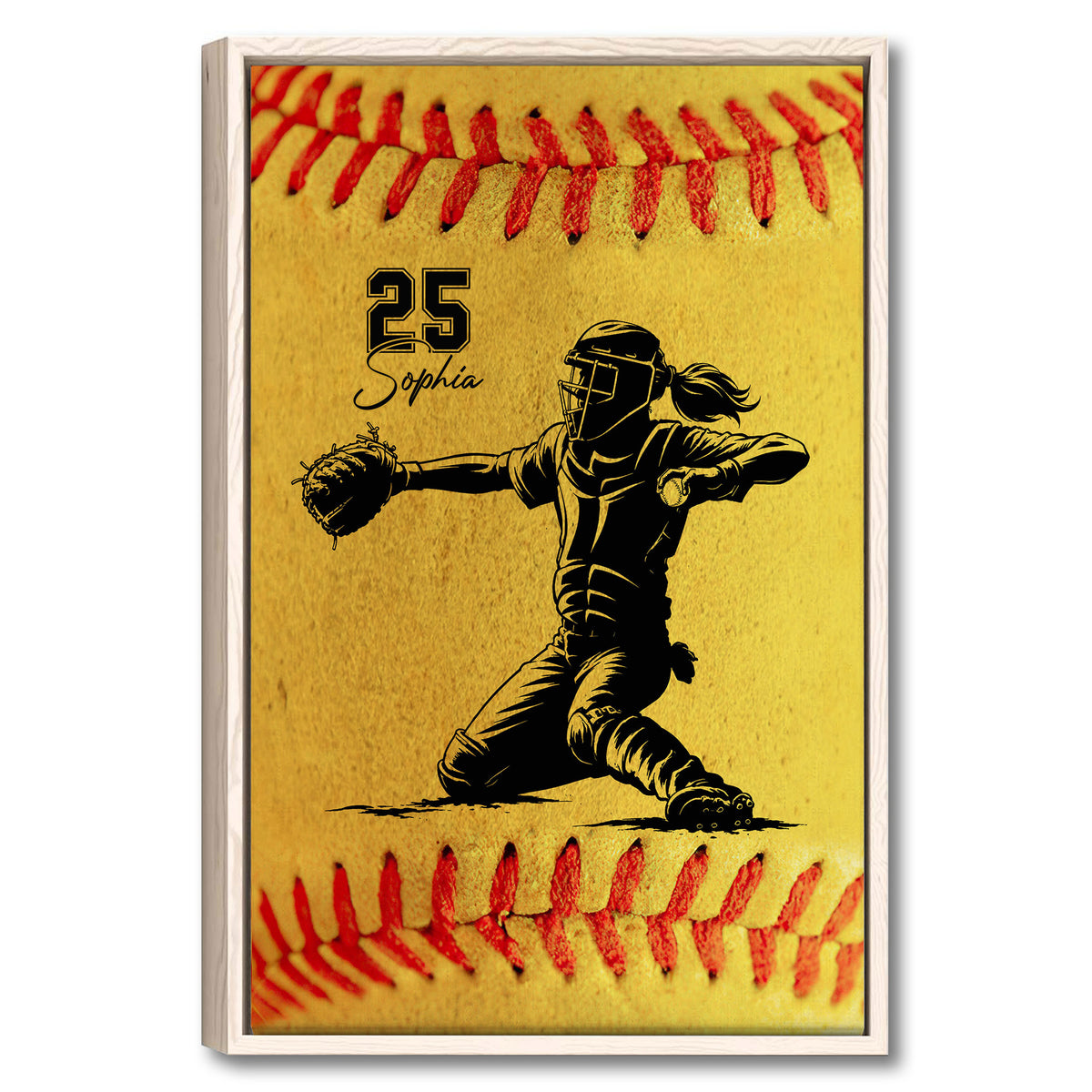 Softball catcher wall art in a black and gold illustration surrounded by red softball stitching