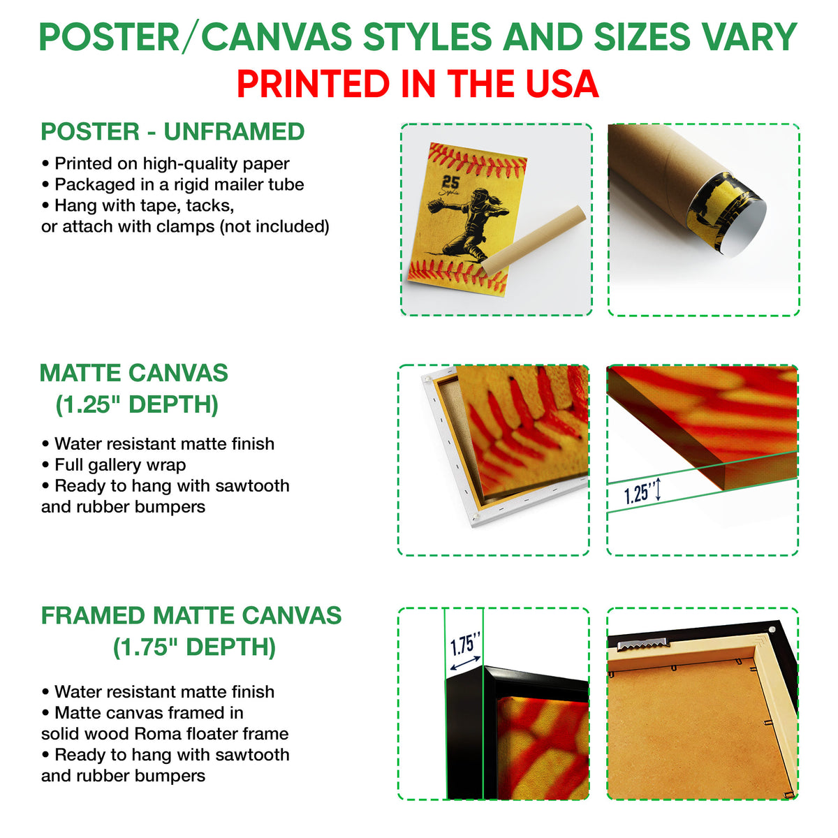 Softball wall art option guide showing unframed poster, matte canvas and framed canvas formats