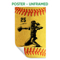 Unframed softball poster featuring a catcher in black and gold with red softball stitching