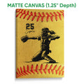 Matte canvas softball wall art featuring a catcher illustration and bold red and gold colors