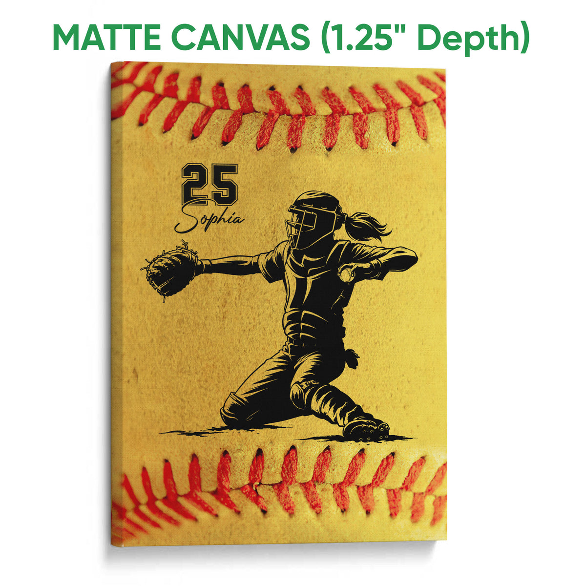 Matte canvas softball wall art featuring a catcher illustration and bold red and gold colors