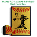 Black framed canvas softball wall art with a catcher illustration and close-up canvas detail
