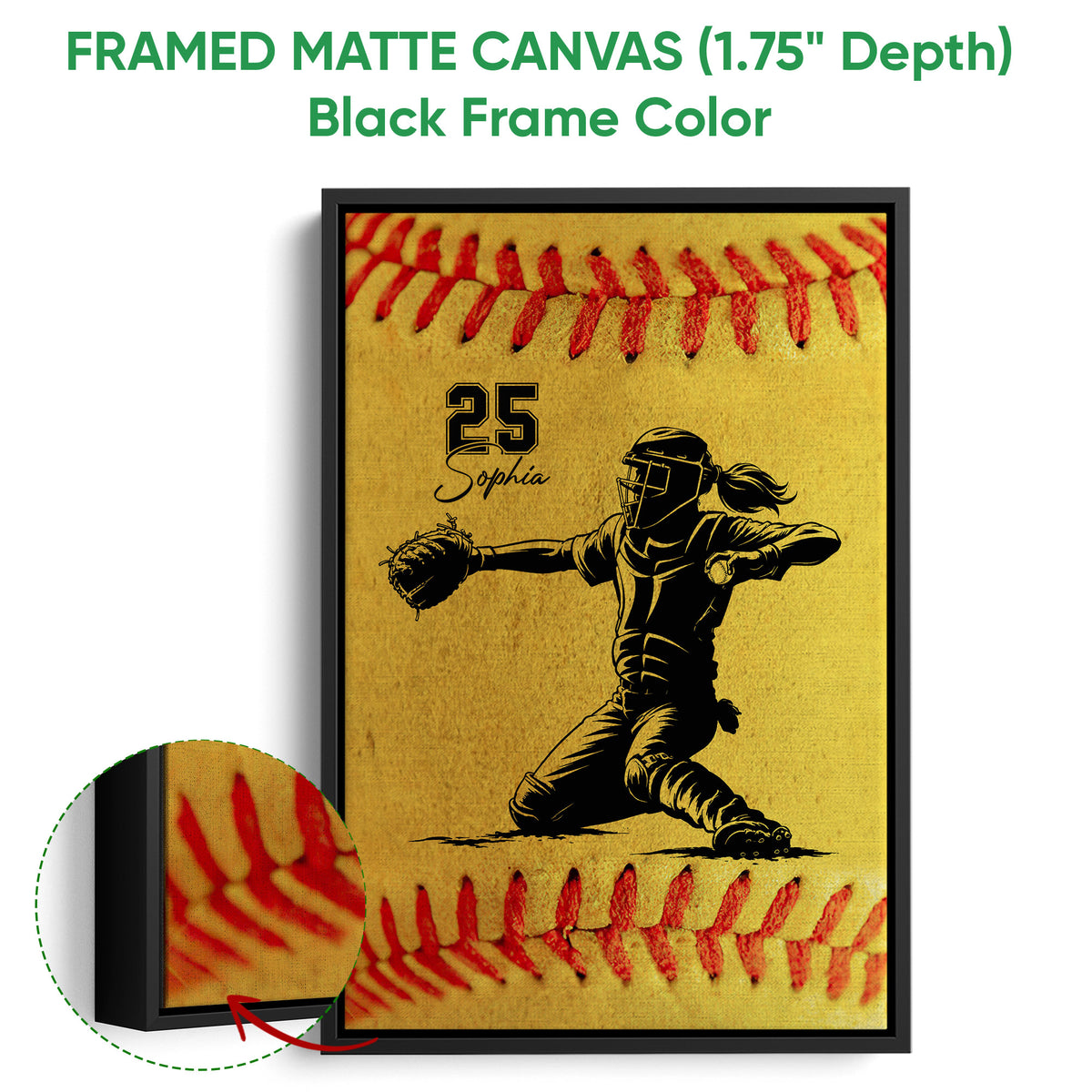 Black framed canvas softball wall art with a catcher illustration and close-up canvas detail