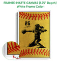 White framed canvas softball wall art featuring a catcher illustration and textured canvas detail