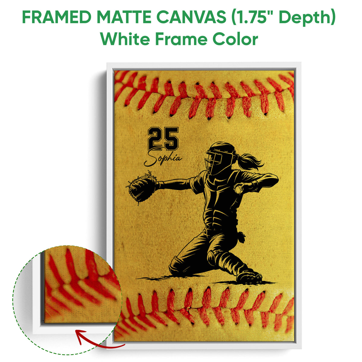 White framed canvas softball wall art featuring a catcher illustration and textured canvas detail