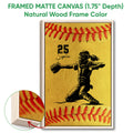 Natural wood framed softball wall art with a catcher illustration and visible canvas texture