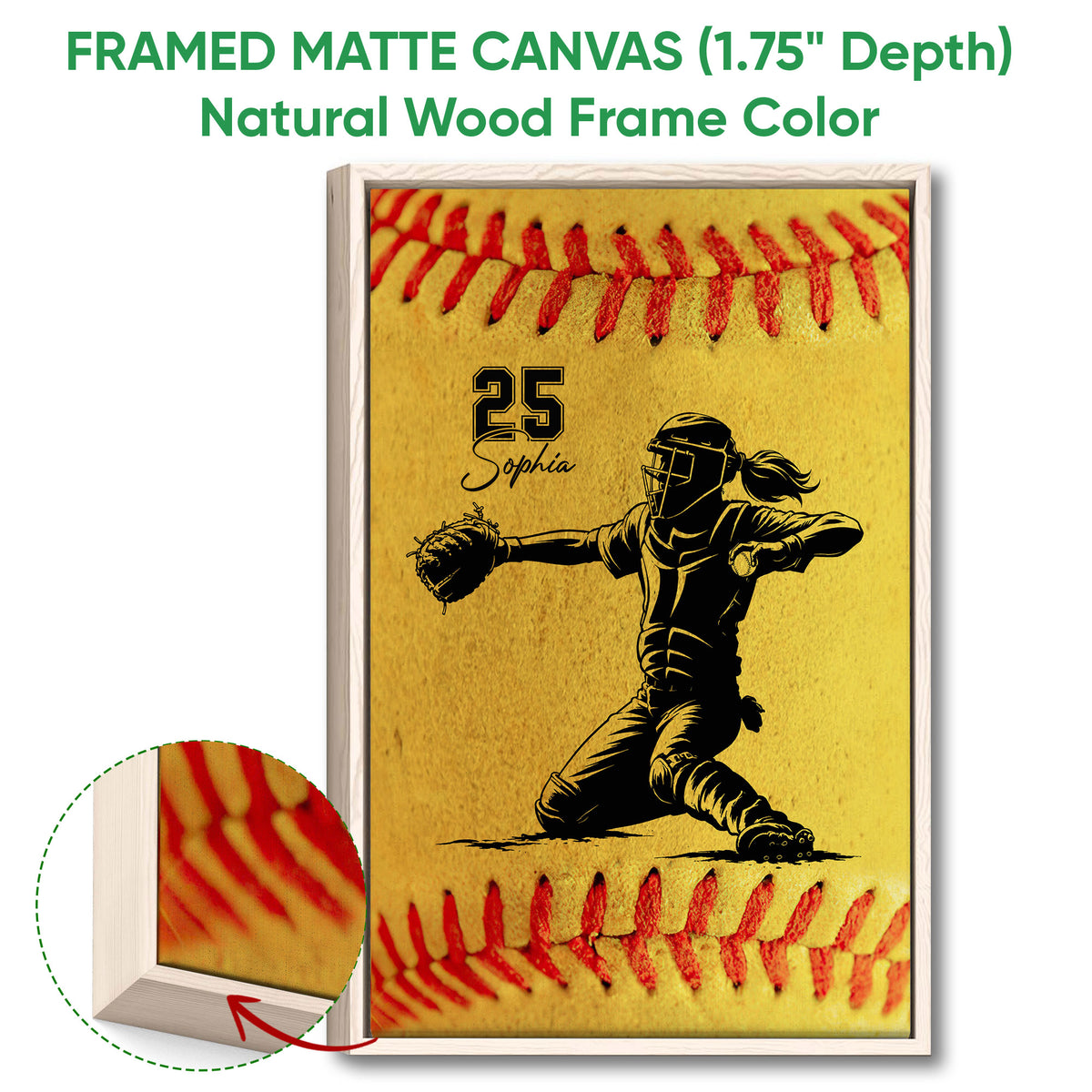 Natural wood framed softball wall art with a catcher illustration and visible canvas texture