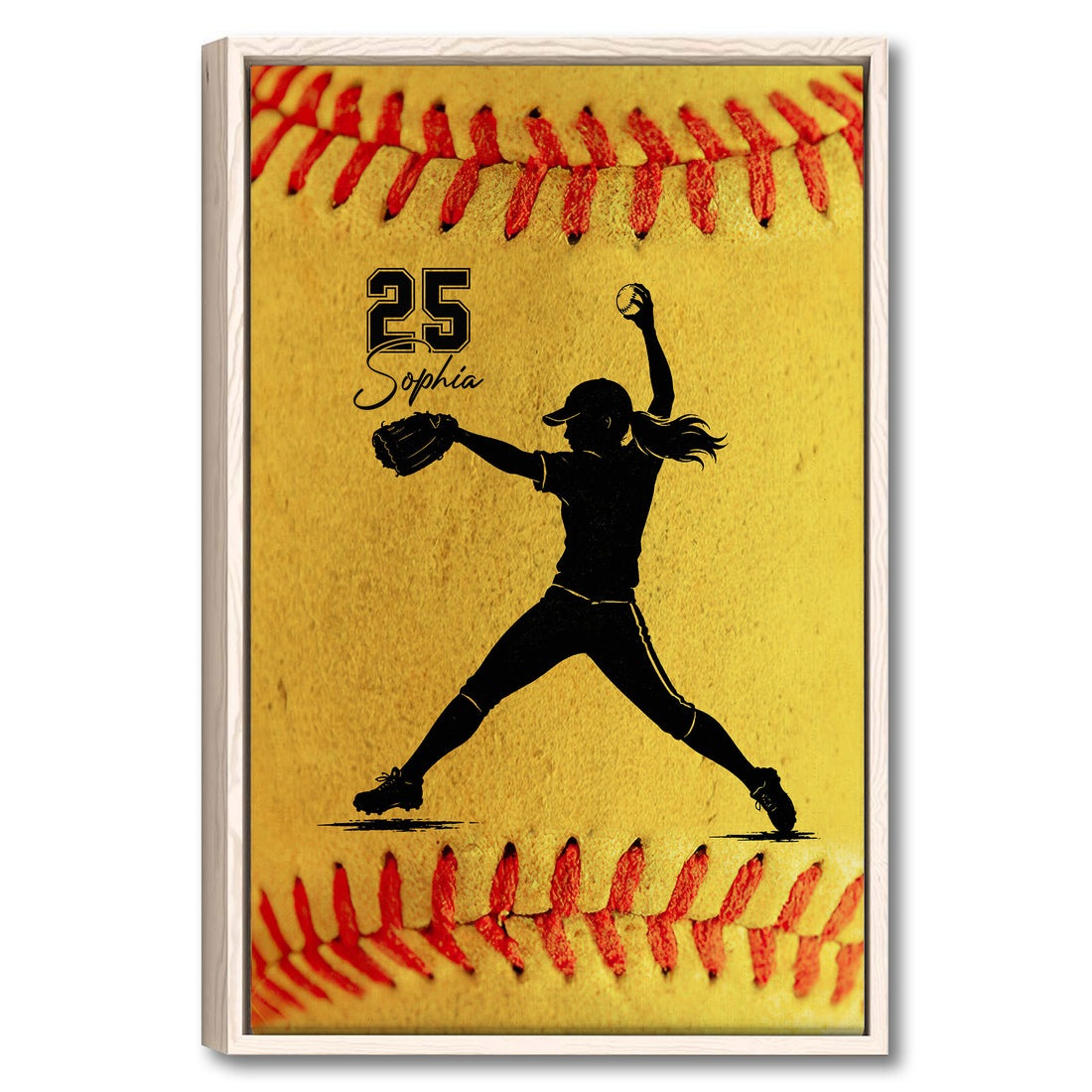 Framed softball wall art featuring a pitcher silhouette against a golden softball texture with red stitching