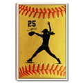 Framed softball wall art featuring a pitcher silhouette against a golden softball texture with red stitching