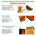 Poster and canvas format guide showing the softball artwork across unframed, canvas, and framed canvas options