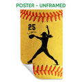 Unframed softball poster featuring a female pitcher silhouette and red softball stitching on a golden background