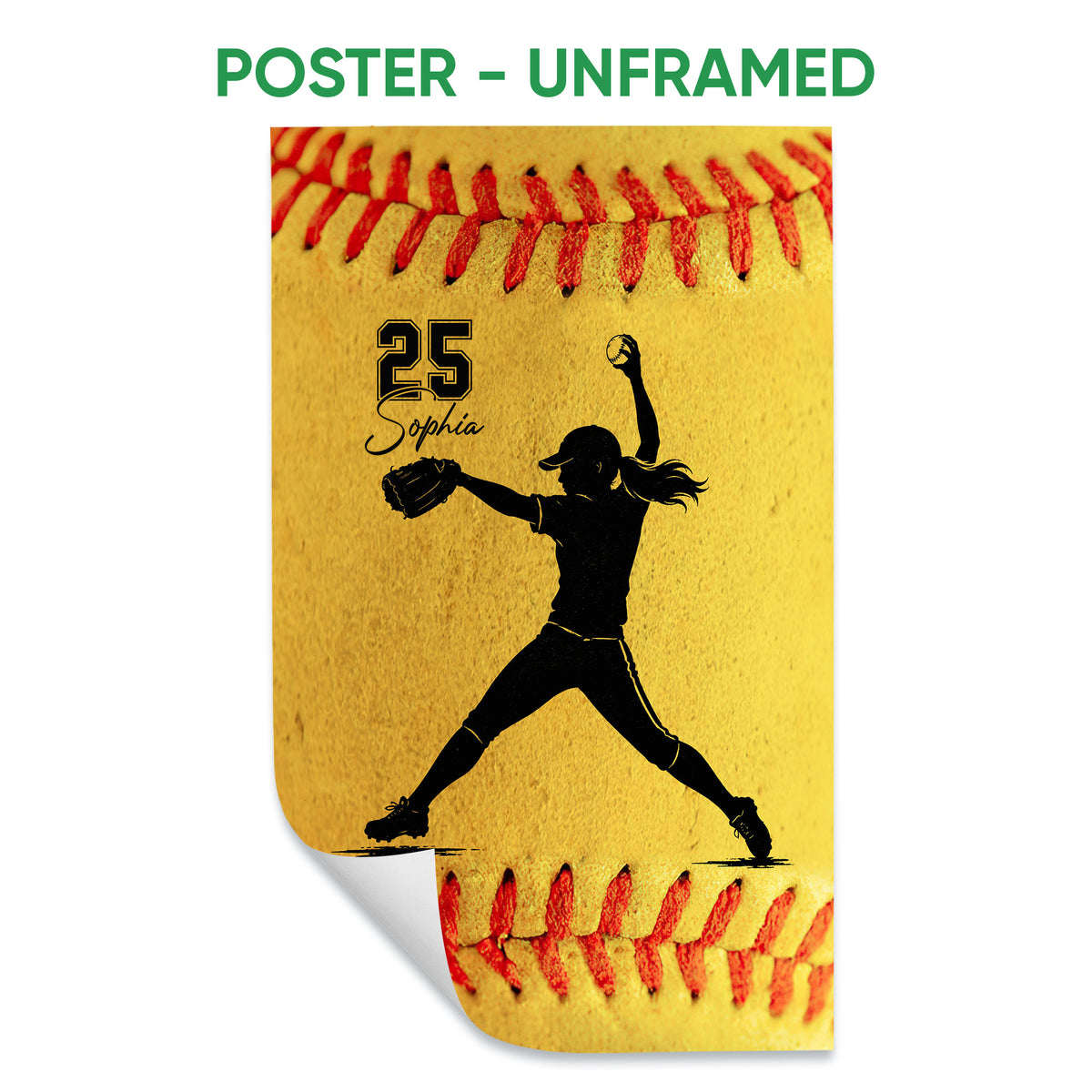 Unframed softball poster featuring a female pitcher silhouette and red softball stitching on a golden background
