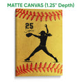 Matte canvas softball wall art showing a pitcher silhouette with bold red stitching and golden tones