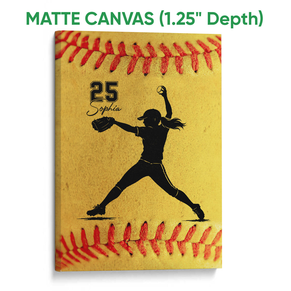 Matte canvas softball wall art showing a pitcher silhouette with bold red stitching and golden tones