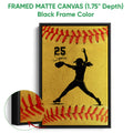 Black framed softball canvas featuring a pitcher silhouette and close-up view of the textured artwork
