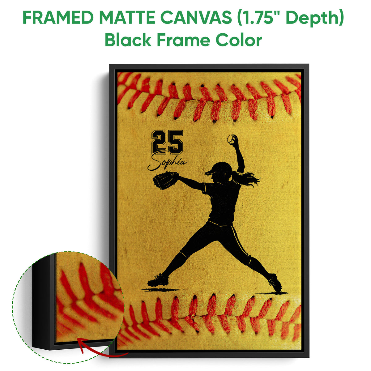 Black framed softball canvas featuring a pitcher silhouette and close-up view of the textured artwork