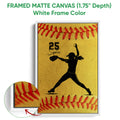 White framed softball canvas featuring a pitcher silhouette and detailed red stitching texture