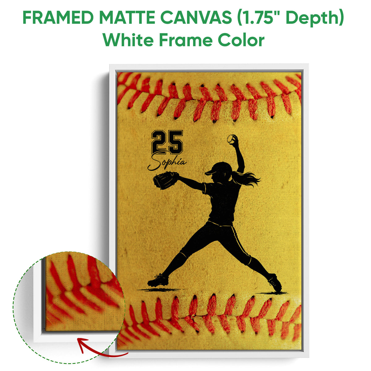 White framed softball canvas featuring a pitcher silhouette and detailed red stitching texture