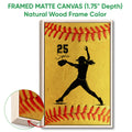 Natural wood framed softball canvas featuring a pitcher silhouette and warm golden softball design