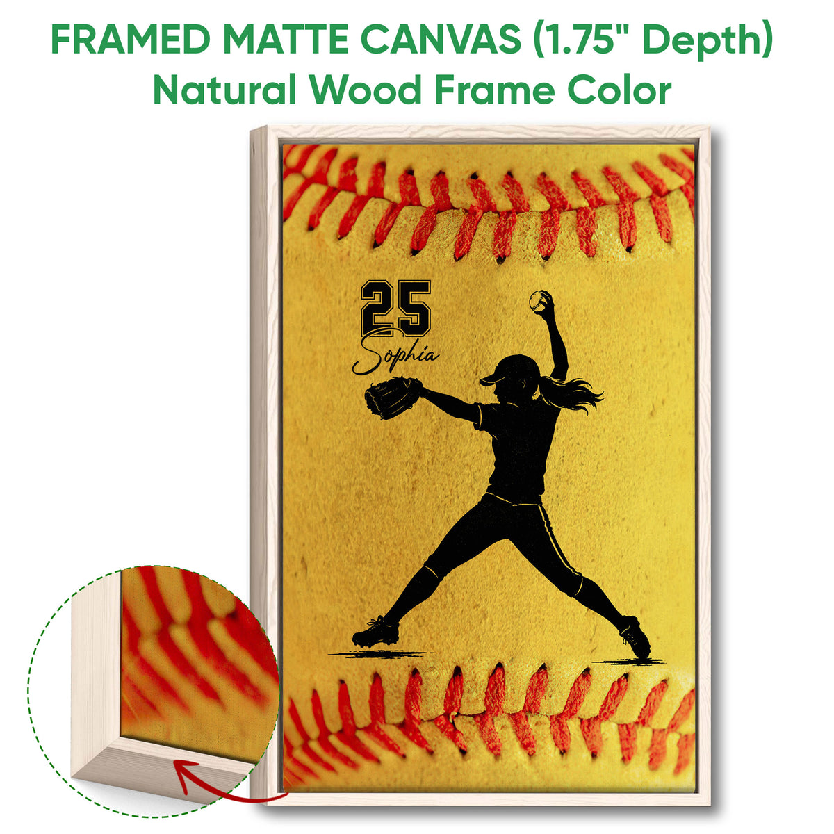 Natural wood framed softball canvas featuring a pitcher silhouette and warm golden softball design