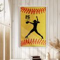 Softball player wall art displayed on a light wood-paneled wall in a bright home decor setting