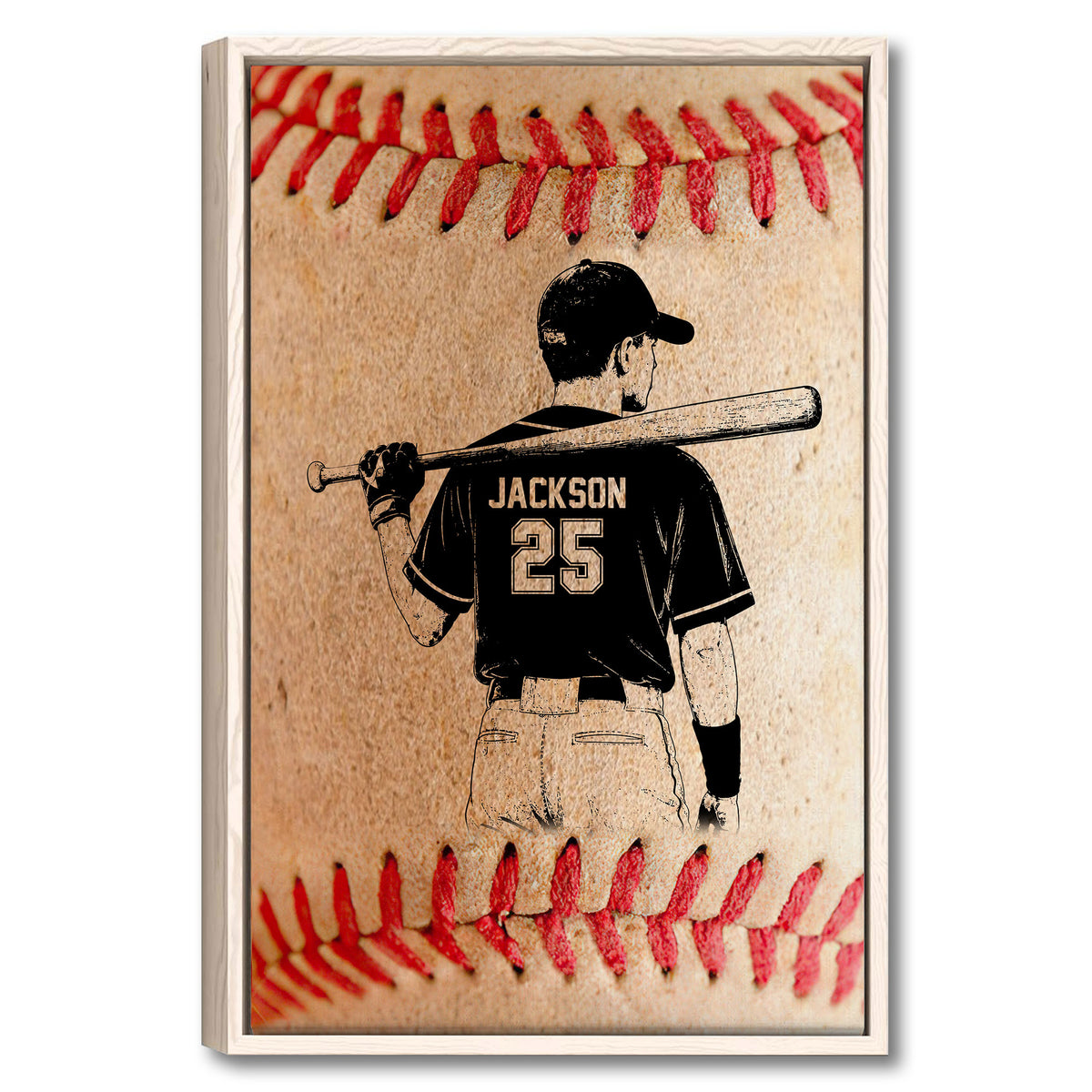 Framed baseball wall art featuring a batter with a bat against a textured baseball background