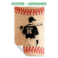 Unframed baseball poster featuring a batter with a bat and red baseball stitching