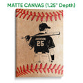 Matte canvas baseball wall art featuring a batter and textured red-and-tan baseball design