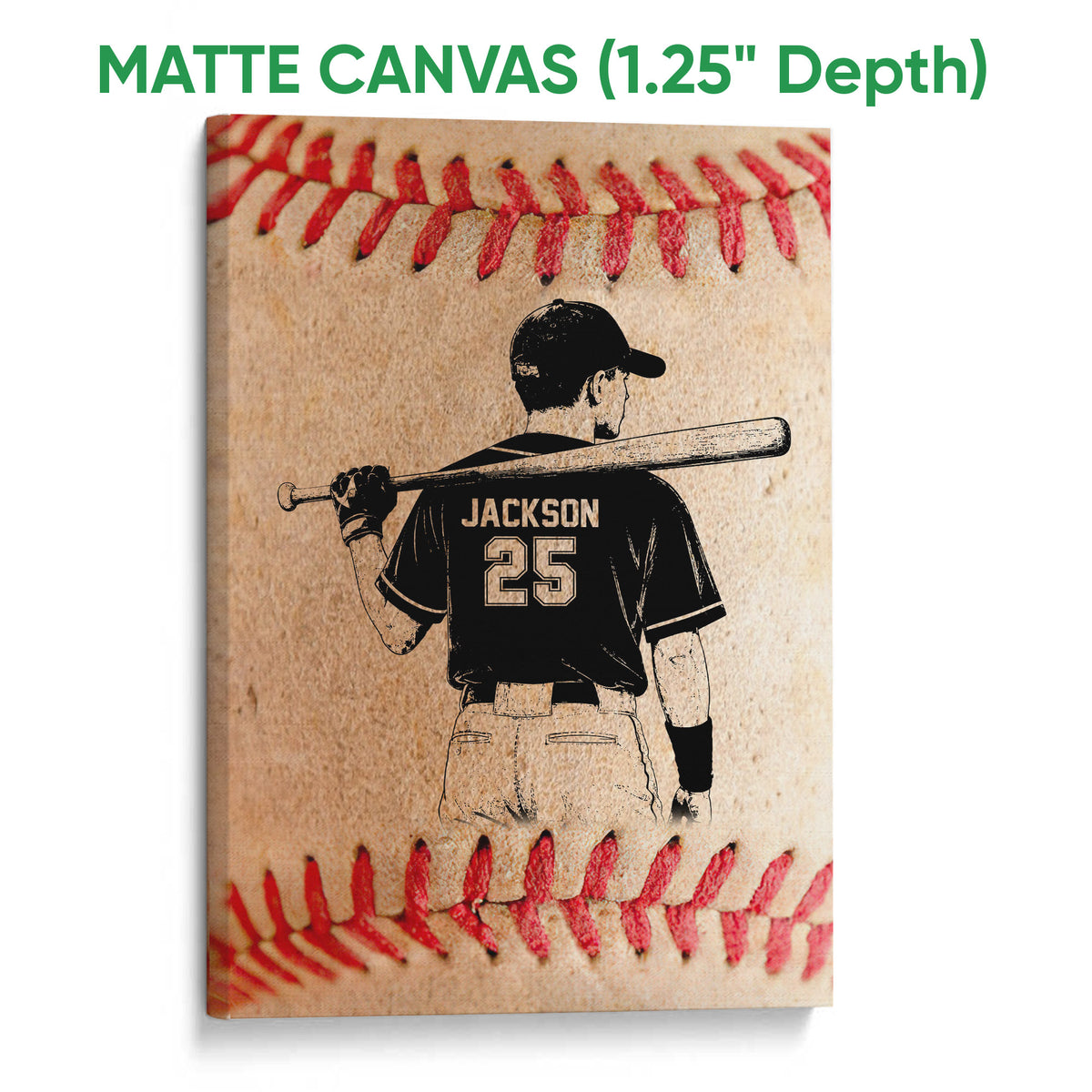 Matte canvas baseball wall art featuring a batter and textured red-and-tan baseball design