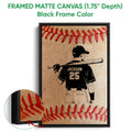 Black framed canvas baseball wall art with a close-up view of the textured print finish