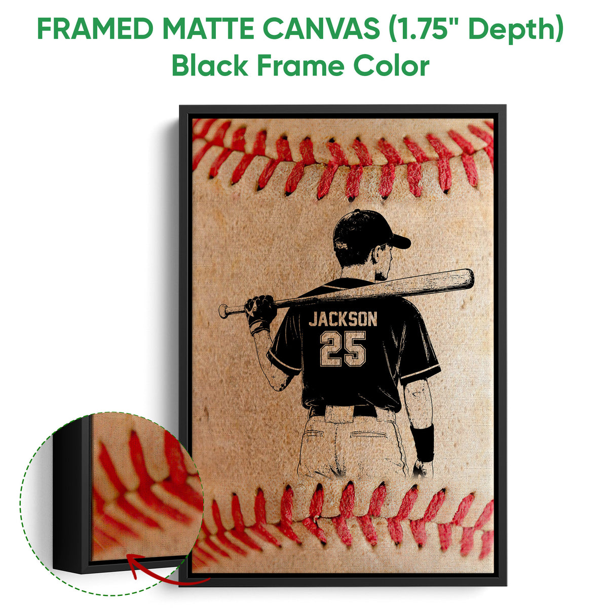 Black framed canvas baseball wall art with a close-up view of the textured print finish